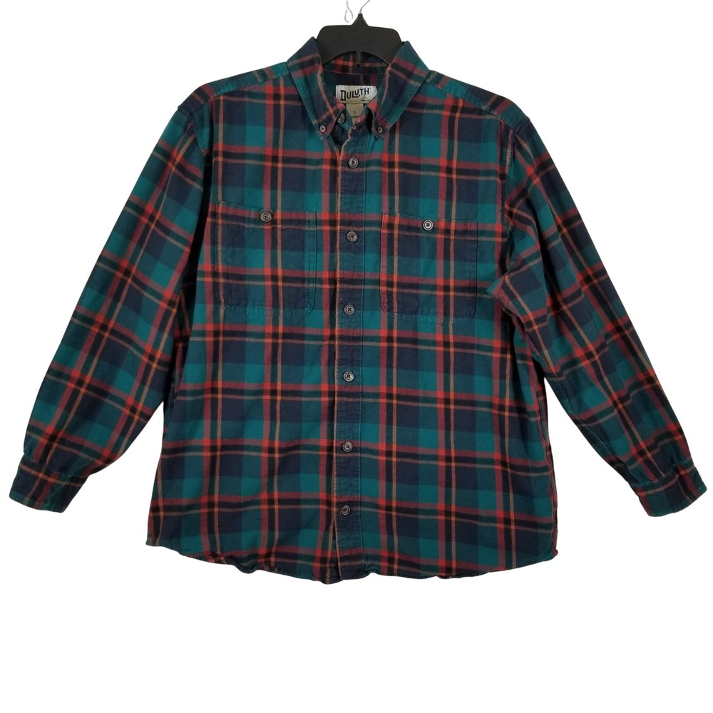 Duluth Trading  Men Flannel Button Up Shirt L‎ Relaxed Fit Plaid Teal Red Cotton